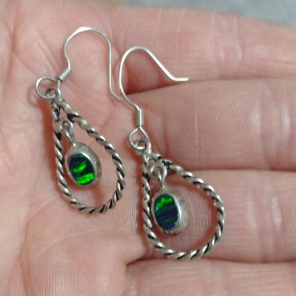 MEXICAN STERLING .925 GENUINE BLACK FIRE OPAL ROPED HOOP 1.8" EARRINGS - Picture 4 of 9